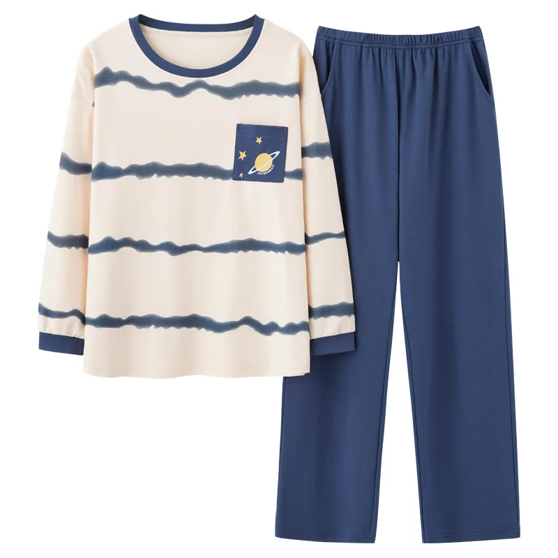 Yasuk Spring Autumn Fashion Women's Casual Soft Cotton Sleepwear Homewear Couple Pajamas Set With Pants Striped Couple Unisex