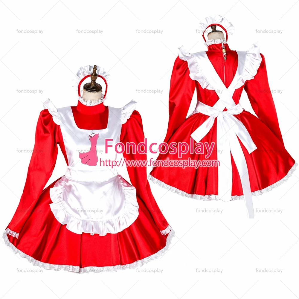 

adult sexy cross dressing sissy maid short lockable red satin dress Uniform white apron costume Tailor-made[G1793]