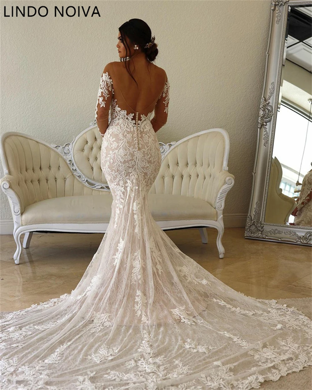 

Boho Lace Wedding Dress Mermaid Illusion Bodice vestido de noiva Long Sleeve Sheer Neck Appliques Bridal Gowns 2023