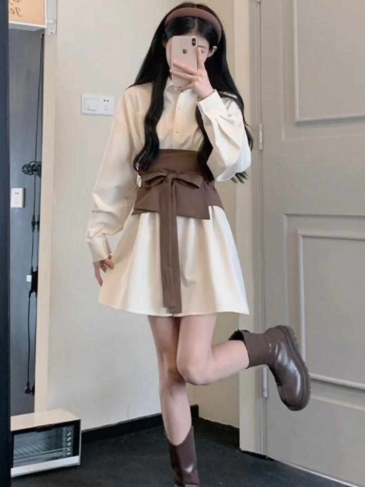 

Elegant Vintage Shirt Dress Long Sleeve Chic Belt Korean Style Loose Casual Dress High Street Preppy Fashion Female Robe
