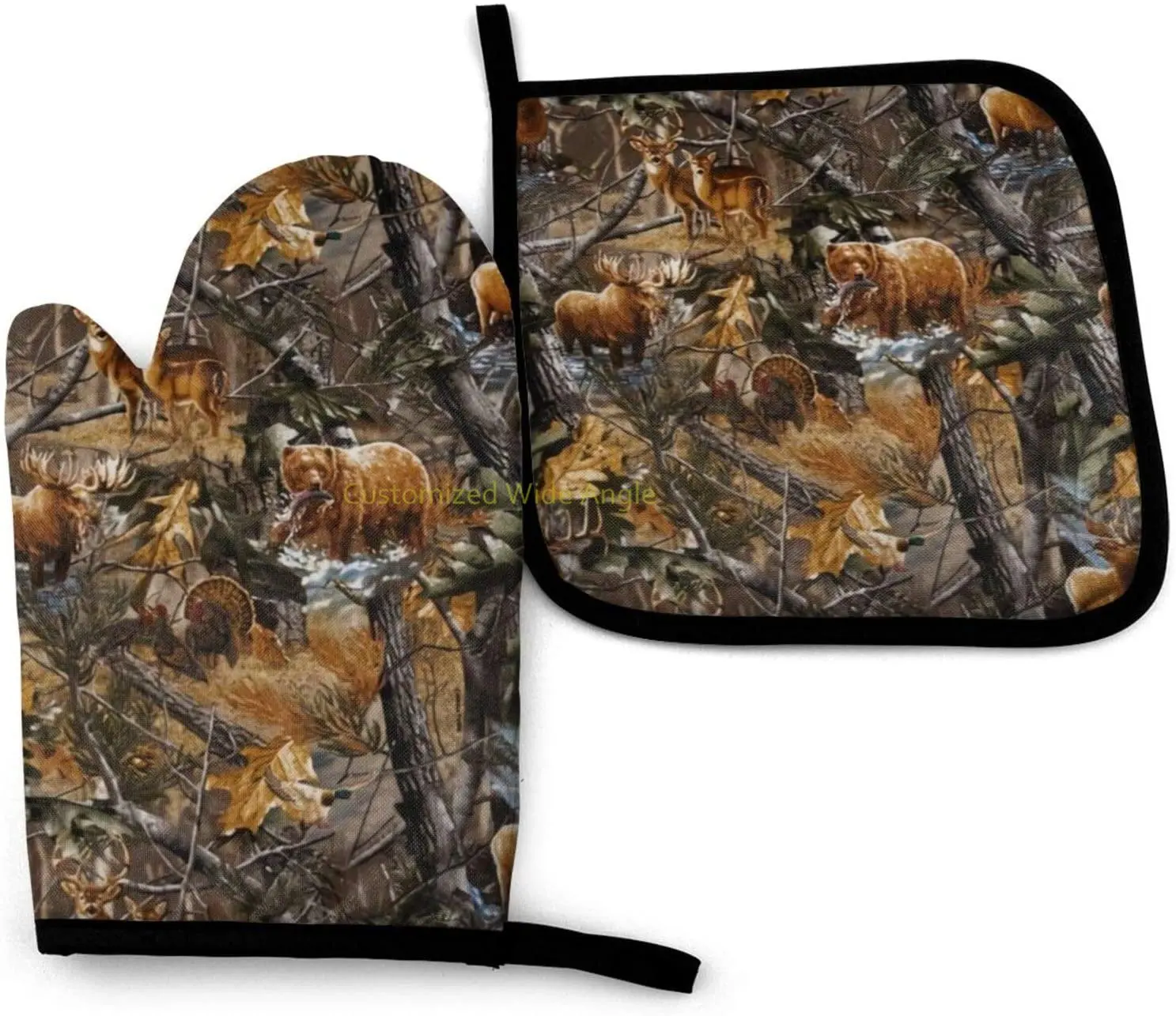 

Camo Hunting Deer Bear Duck Print Oven Mitts Pot Holders Set Kitchen Waterproof with Inner Cotton Layer for Cooking BBQ Baking