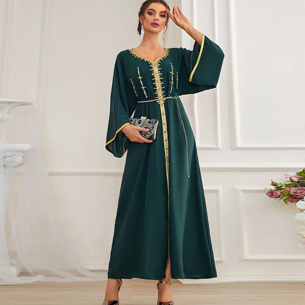Рамадан ИД, ручная работа, бриллианты, марокканский кафтан, мусульманское арабское платье, женская абайя, Дубай, зеленое платье для вечерние