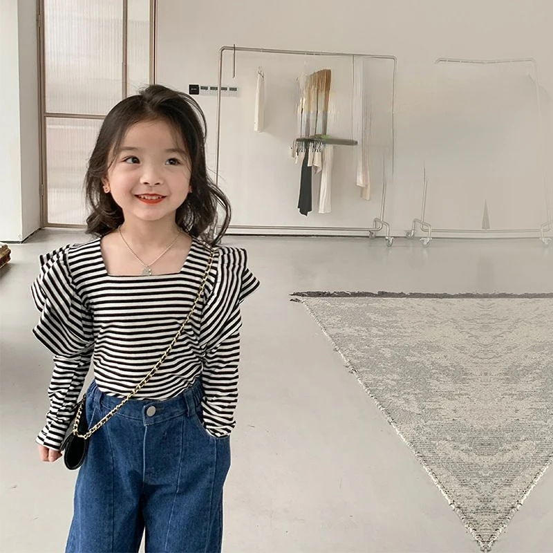 

Женская весенне-осенняя футболка, полосатые пуловеры с длинным рукавом, одежда для маленьких девочек, толстовка, рубашка, рубашка для мальч...