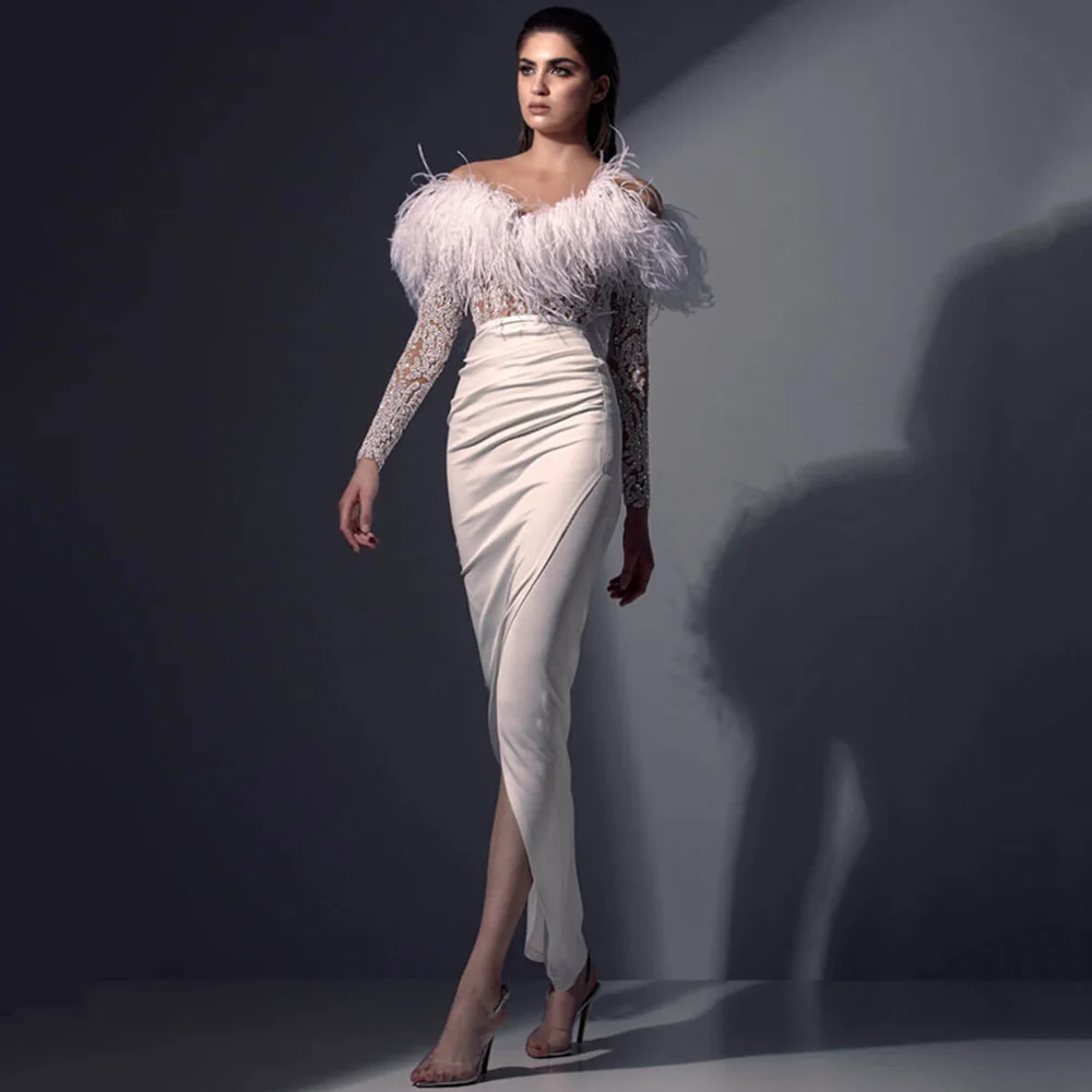 

Женское вечернее платье с длинным рукавом, однотонное кружевное платье с круглым вырезом и перьями, с разрезом, в стиле звезд, для банкета и выпускного вечера