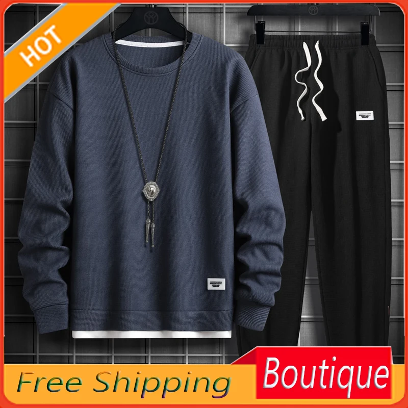 New Waffle Spring and Autumn Men's Casual Sports Suit Men's Loose and Handsome Men's Long-Sleeved T-shirt Trousers Fashion