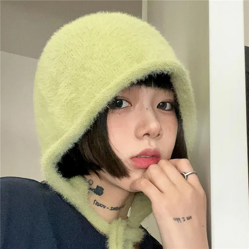 

New Cute Beanie Hat Autumn and Winter Warm Japanese Knitted Pile Caps Men Ear Protection Tie Pullover Women's Hats Gorro