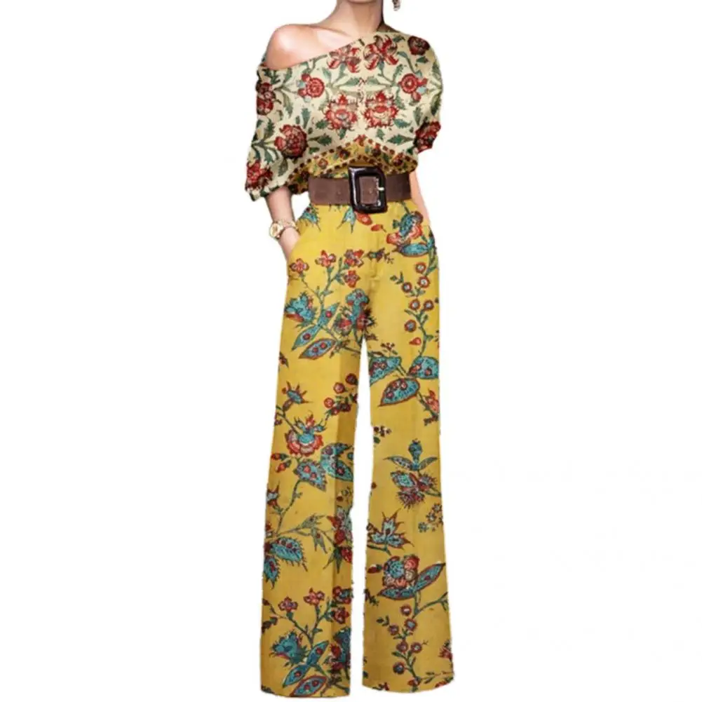 

Fashion Soft Texture Pockets Vivid Flower Leaves Print One Shoulder Jumpsuit for Outdoor Lady Jumpsuit Trendy Romper