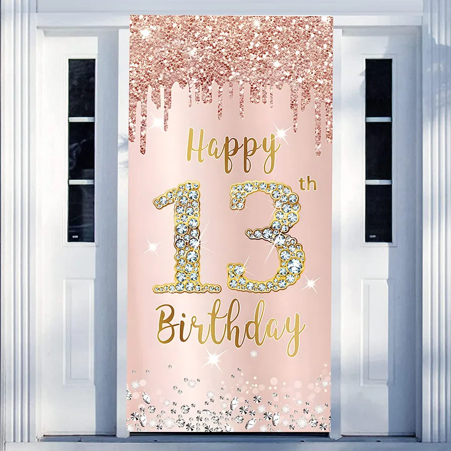

Rose Gold Happy 13th Birthday Party Decoration Door Cake Banner Backdrop for Girls 13 Years Old Bday Pink Photography Background