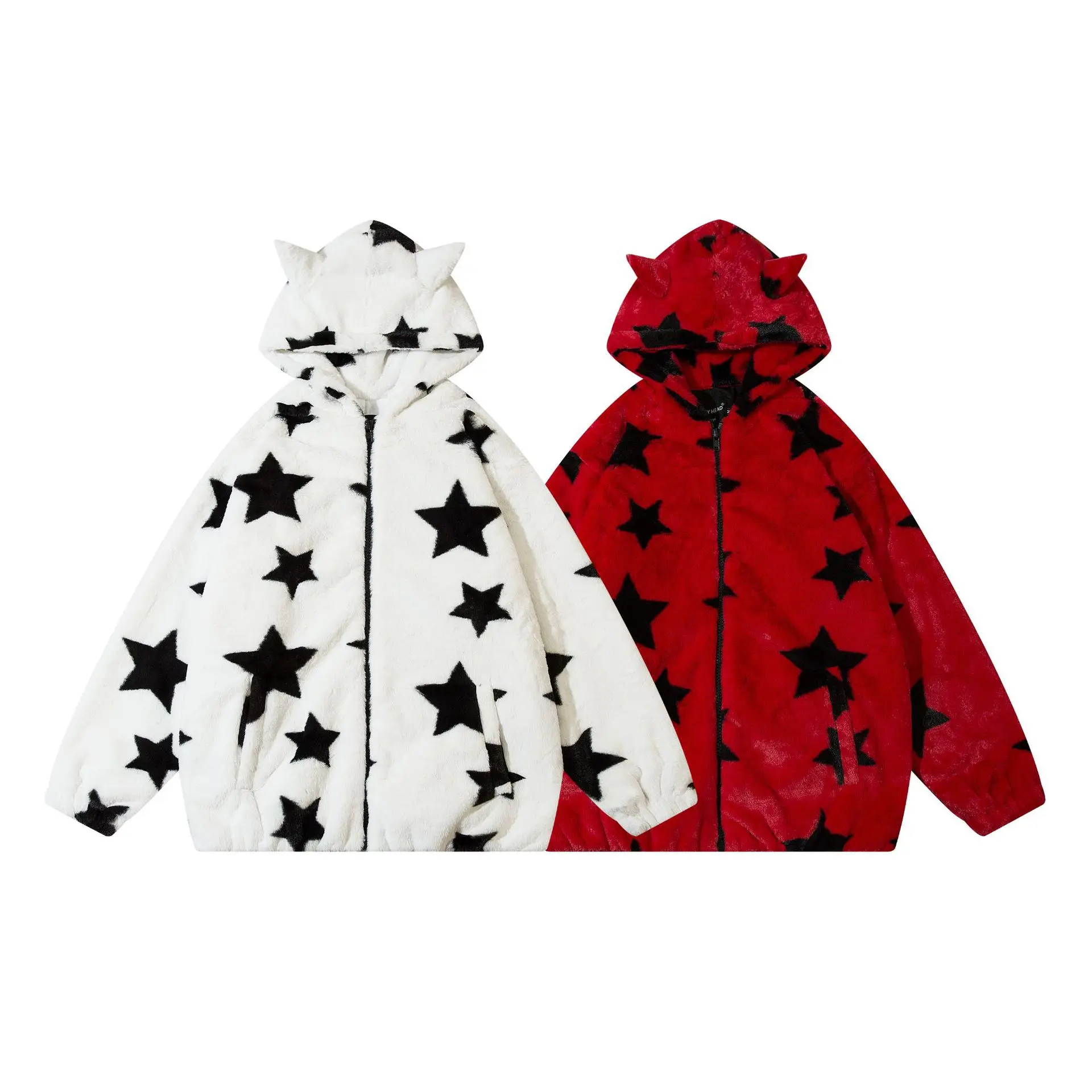 2023 New Star Lamb Fleece Devil Hooded Coat Men's Winter Couple Plush Cotton Fashion Jacket Korean Loose Thick Sweatshirts