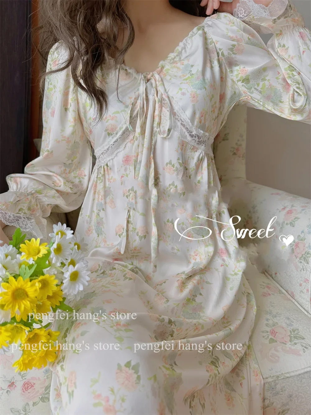 Drukuj kwiat bielizna nocna lodowy jedwab koszula w stylu francuskim Lady elegancki domowy szlafrok z długim rękawem Loungewear