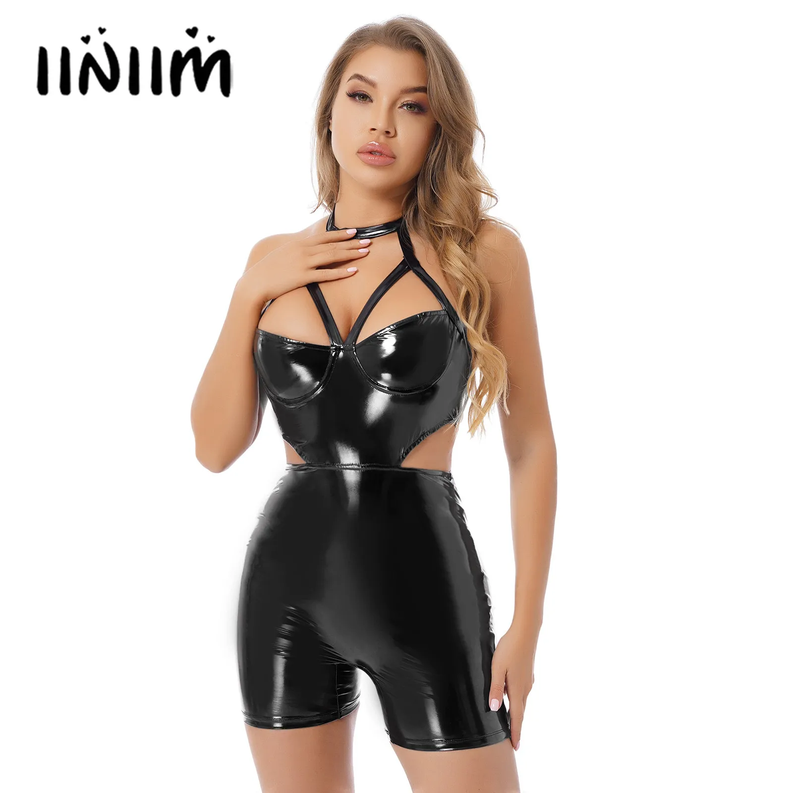 

Womens Wet Look Patent Leather Cutout Jumpsuit Pole Dance Rave Outfit Halter Backless Zipper Bodysuit Strappy Catsuit Clubwear