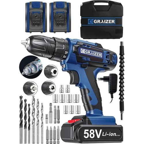 Стальной двигатель Graizer V-Tec 58 в 5 Ач стальная коробка передач ударная Беспроводная двойная Аккумуляторная дрель темно-синяя электрическая дрель
