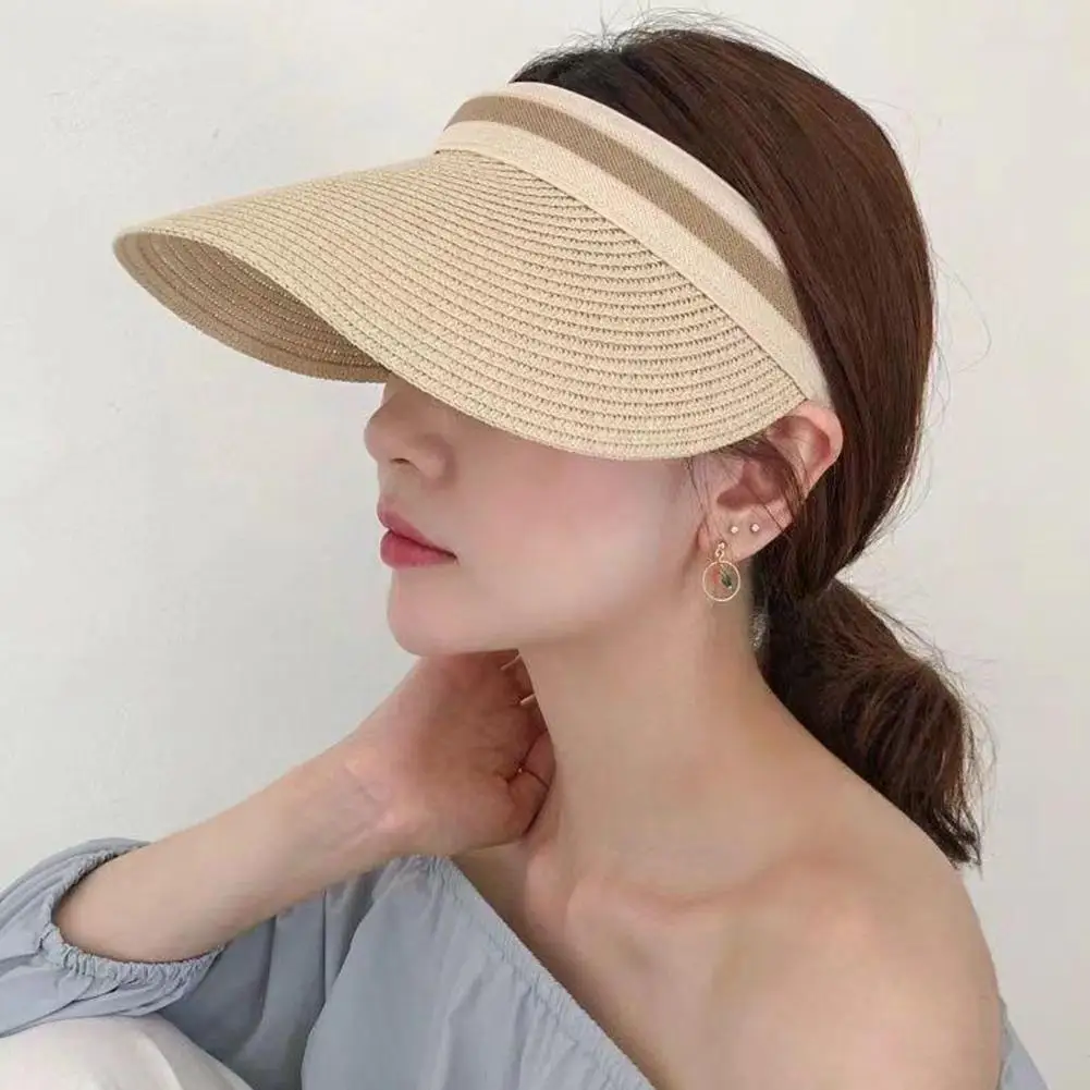 

Summer Straw Sun Hats For Women Empty Top Beach Caps Large Brim UV Protection Cap Shade Hat Outdoor Fishing Visors Casual C W8O8