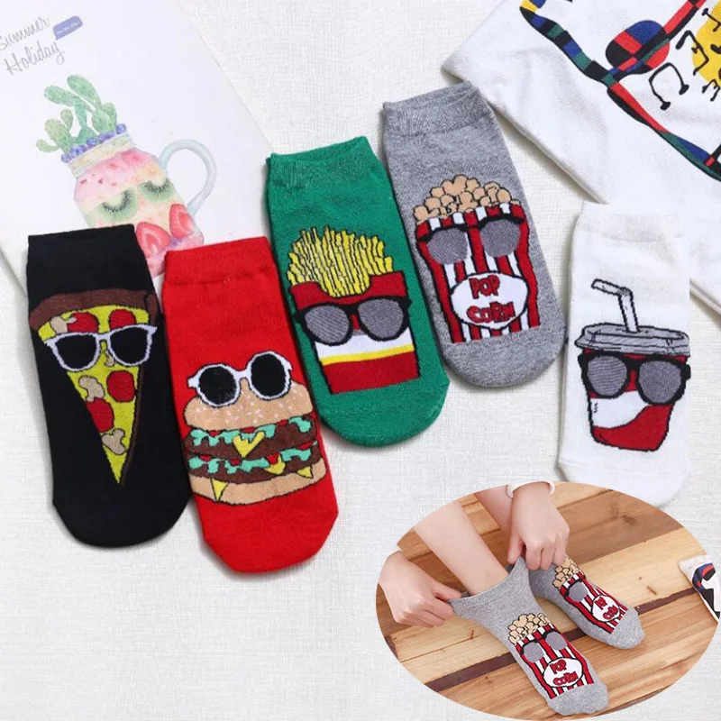 

5 Pairs/Pack Summer Ankle Women Socks Funny Cute Food Expression Hamburer Fries Popcorn Korean Style Kawaii Girls Socks