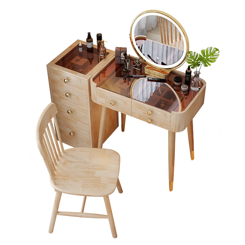 

Nordic solid wood dressing table, bedroom, makeup table, glass countertop, storage cabinet, integrated modern and simple bucket