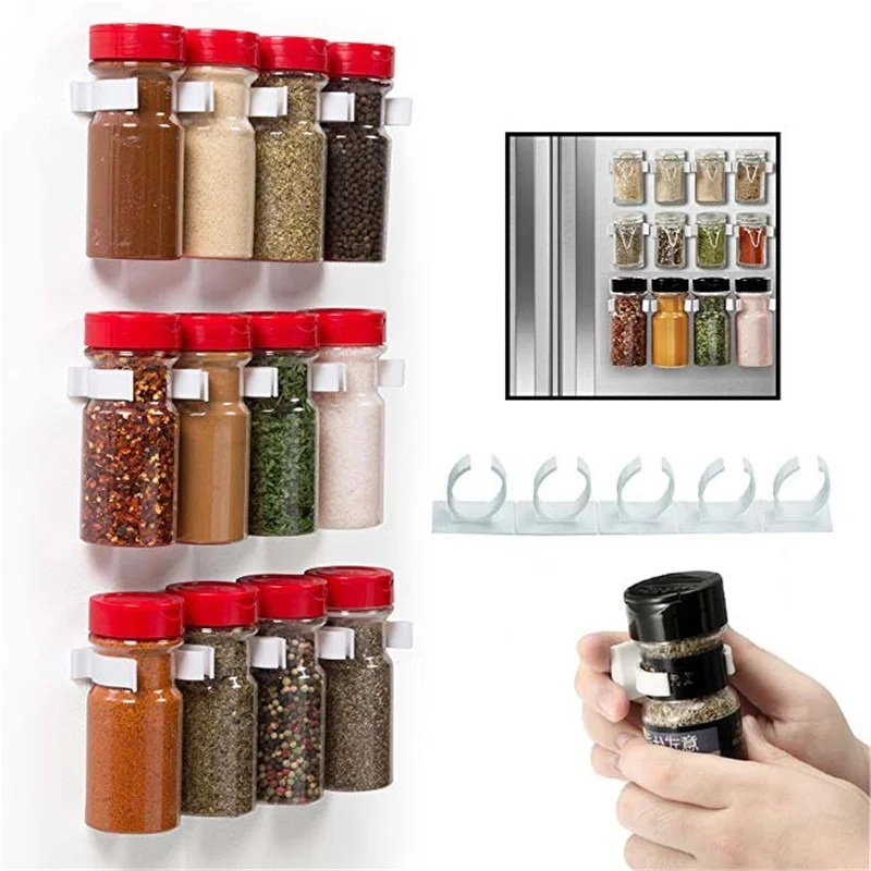 

Spice Bottle Clips Rack Kitchen Storage Wall Mount Adhesive Spice Jars Clip Spice Cabinet Organizer Door Hook Spice Holder