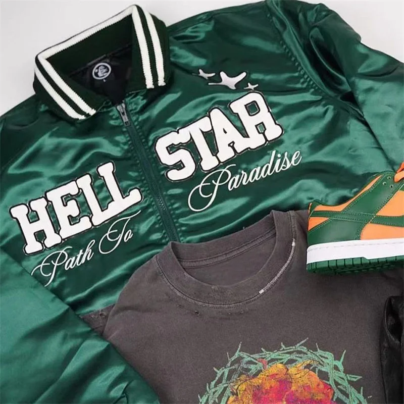 

2023ss Green HELLSTAR Bomber Jacket Men Women 1:1 Best Quality Heavy Embroidery Oversized Jackets