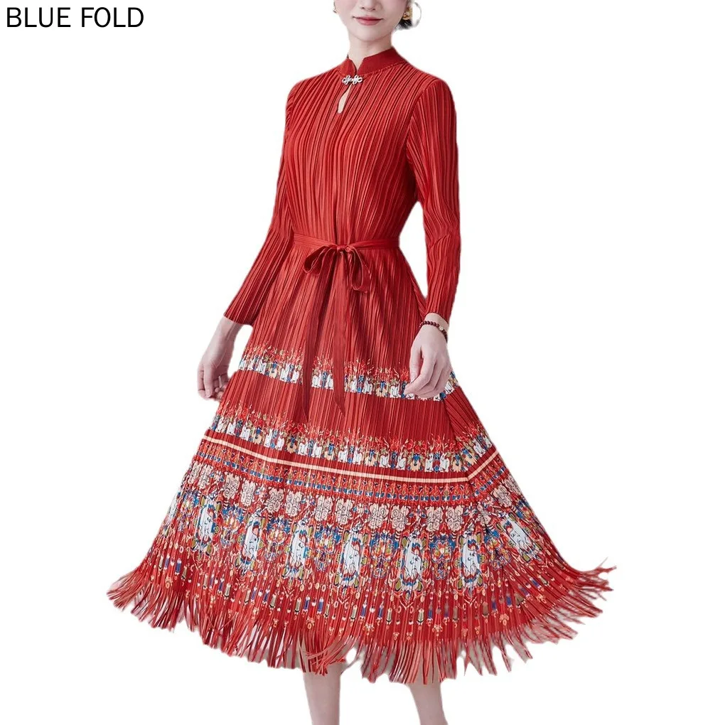 Женское платье Мияке средней длины Новый китайский стиль с принтом на шнуровке