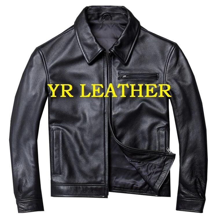 

YR!Free shipping.Wholesales.Brand men casual style genuine leather jacket.black cow leather coat.quality plus size jackets