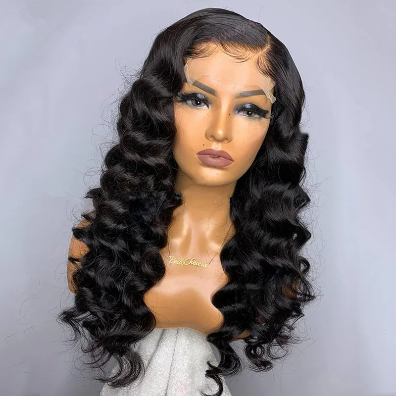 

Бесклеевой мягкий кудрявый 26 дюймов Длинный натуральный черный 180% плотность кружевной передний парик для африканских женщин глубокая волн...