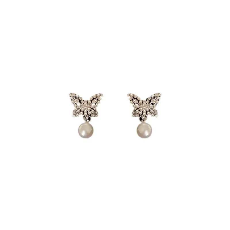 Vintage Hong Kong Style Full Diamond Butterfly Pearl Earrings Women's Light Luxury Soft Elegant Precious Unique Versatile Earrin