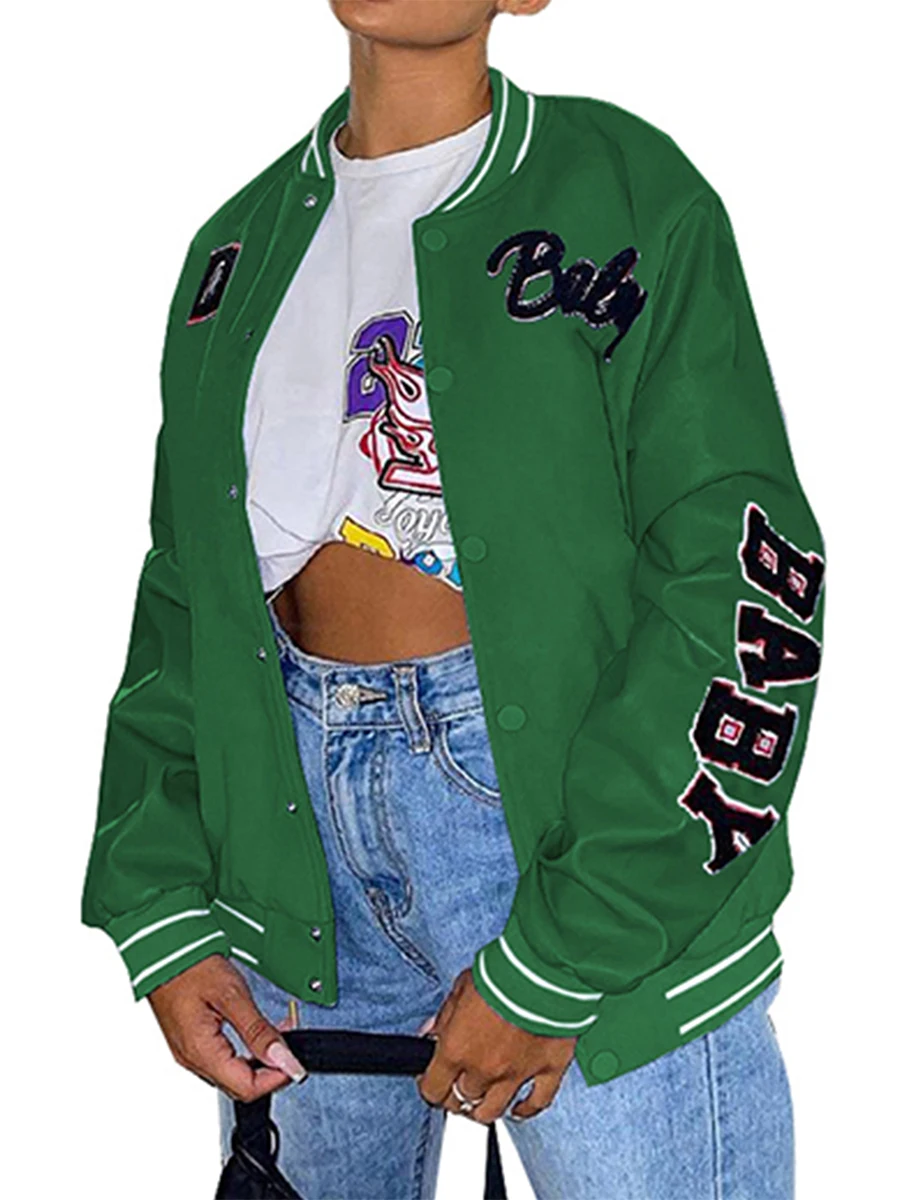 

Women Fashion Y2K Baseball Jackets Oversized Letter Print Vintage Varsity Boyfriend Bomber Coat