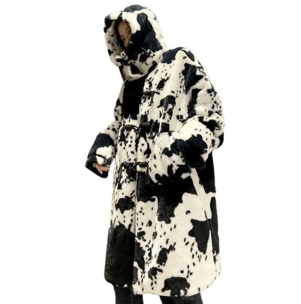 Womens Cow White Black Hooded Loose Fit Winter Warm Faux Fur Overcoat Coat