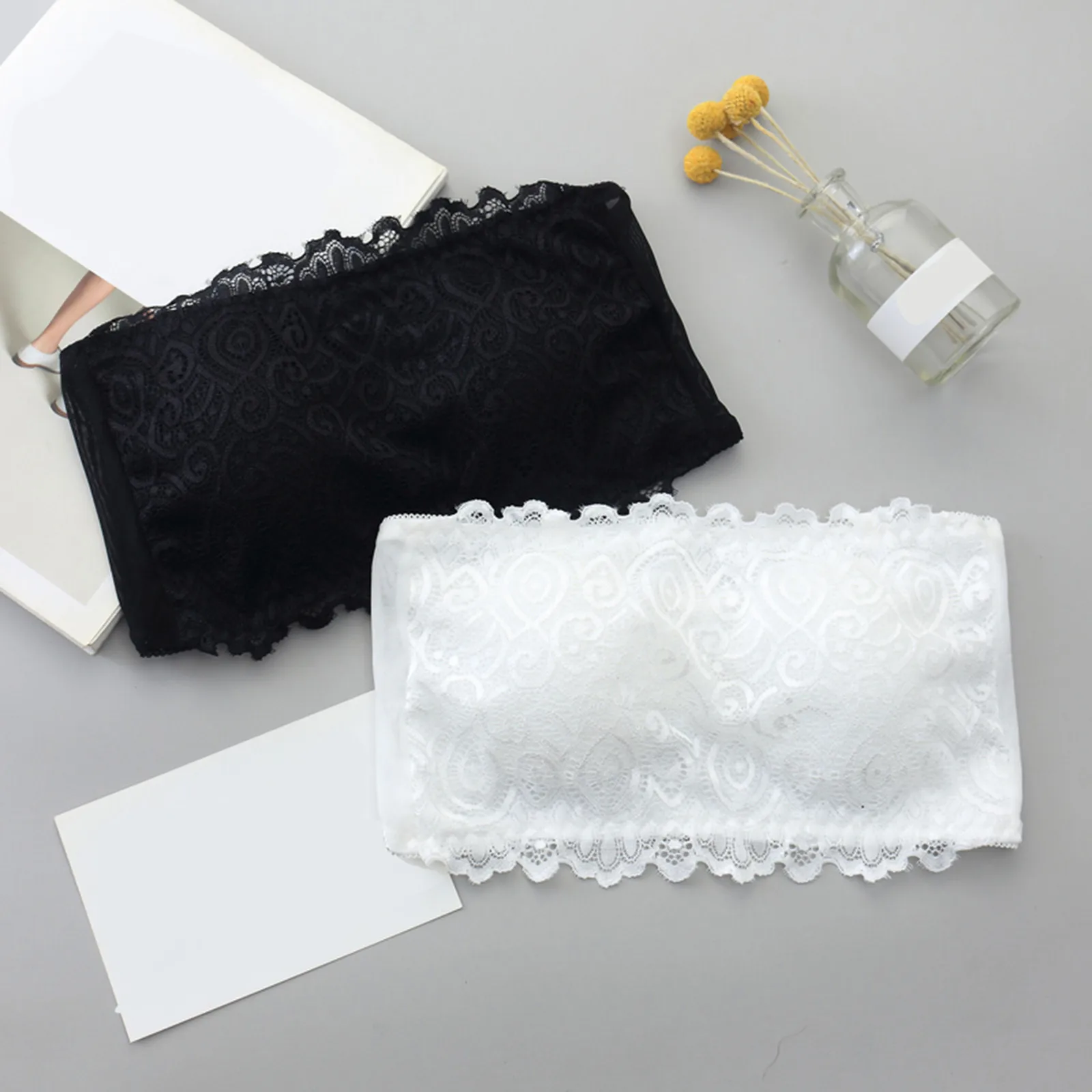 

Strapless Lace Bra Tube Top Lingerie Chest Wrap Floral Padded Seamless Underwear Crop Top Sports Lingerie Yoga Exercise Camis