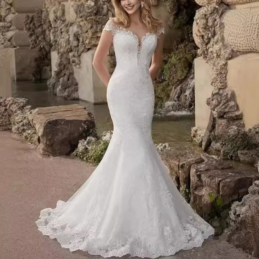 Новинка 2024 облегающее кружевное платье невесты с глубоким V-образным вырезом