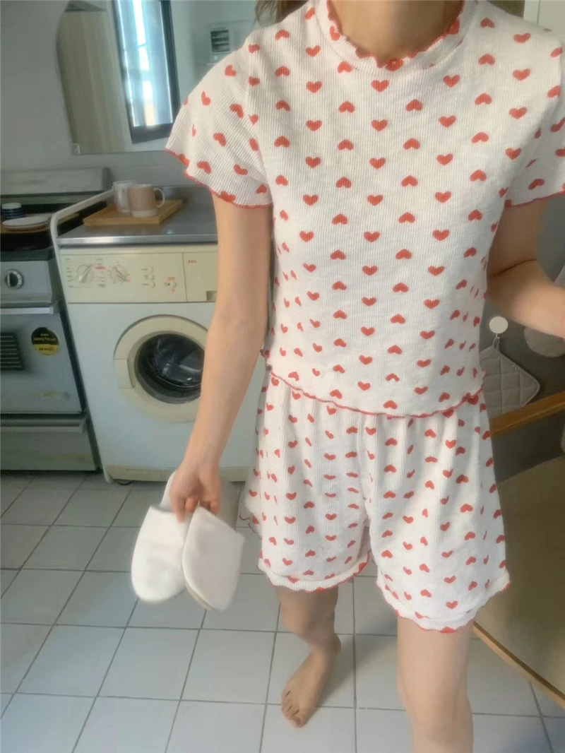 Heart Print Summer Pajamas Set Women Ruffles Shirts + Shorts Set Two Piece Sleepwear Knitting Cotton Home Suit Homewear
