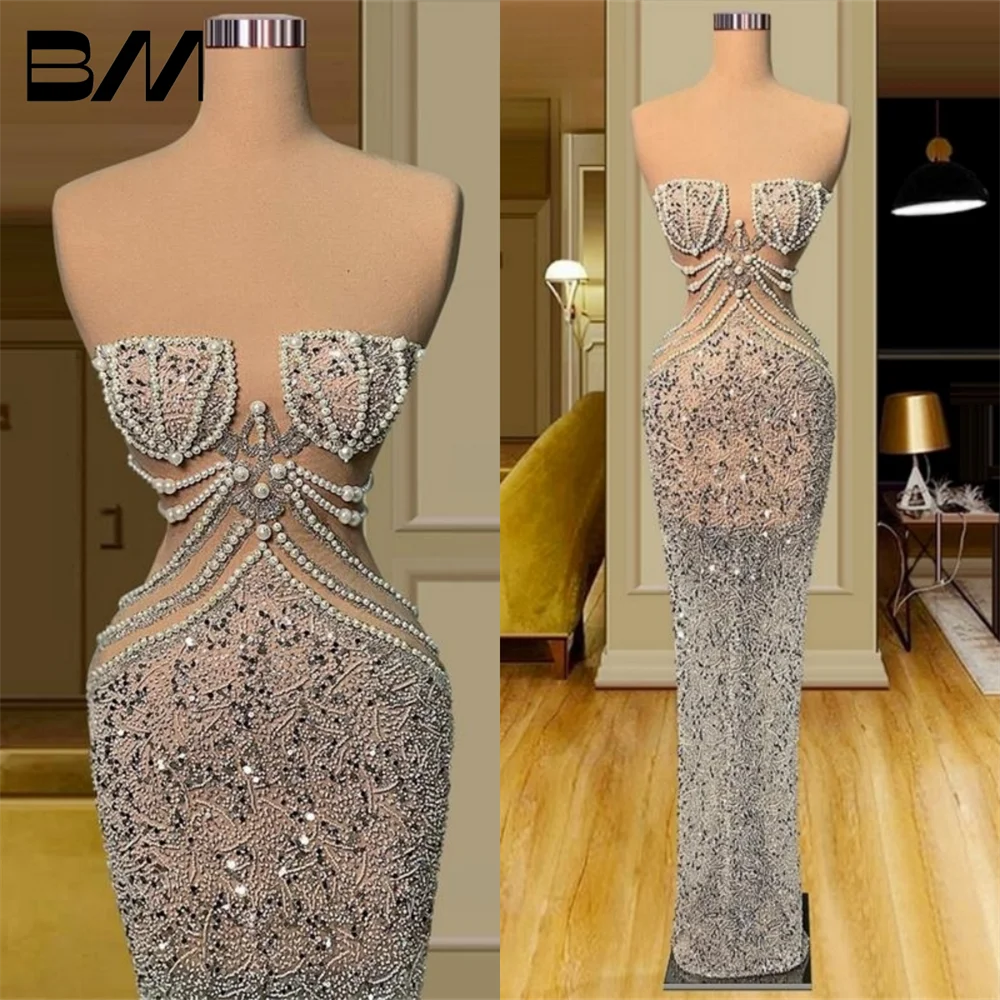 

Sequins Beaded Women Celebrity Evening Gowns Pearl See Through Party Dresses Strapless Mermaid Sexy Prom Dress Robe