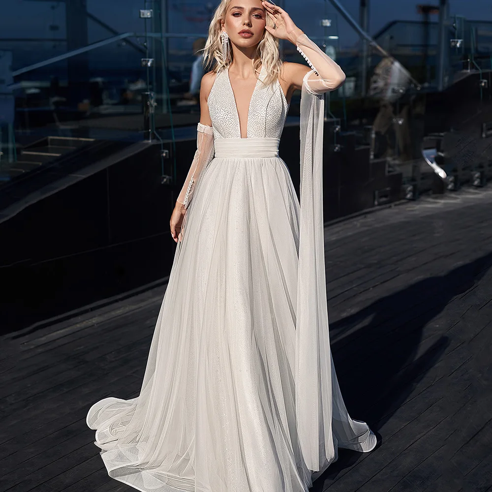 

Exquisite Bride Gowns V-Neck Beading Ribbons Empire Full Sleeve Wedding Dresses Open Back Sweep Train A-Line Vestido De Noiva