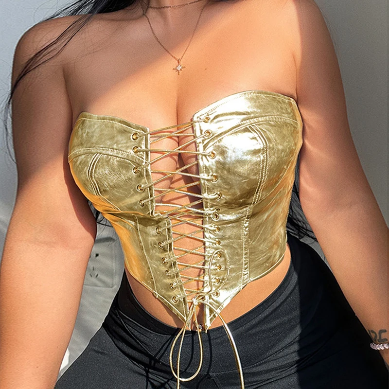 

Sexy Women Gliter Gold PU Leather Bustiers Tops Eyelet Lace-up Slim Crop Tops Off Shoulder Holow Out Tube Tops Summer Party Wear