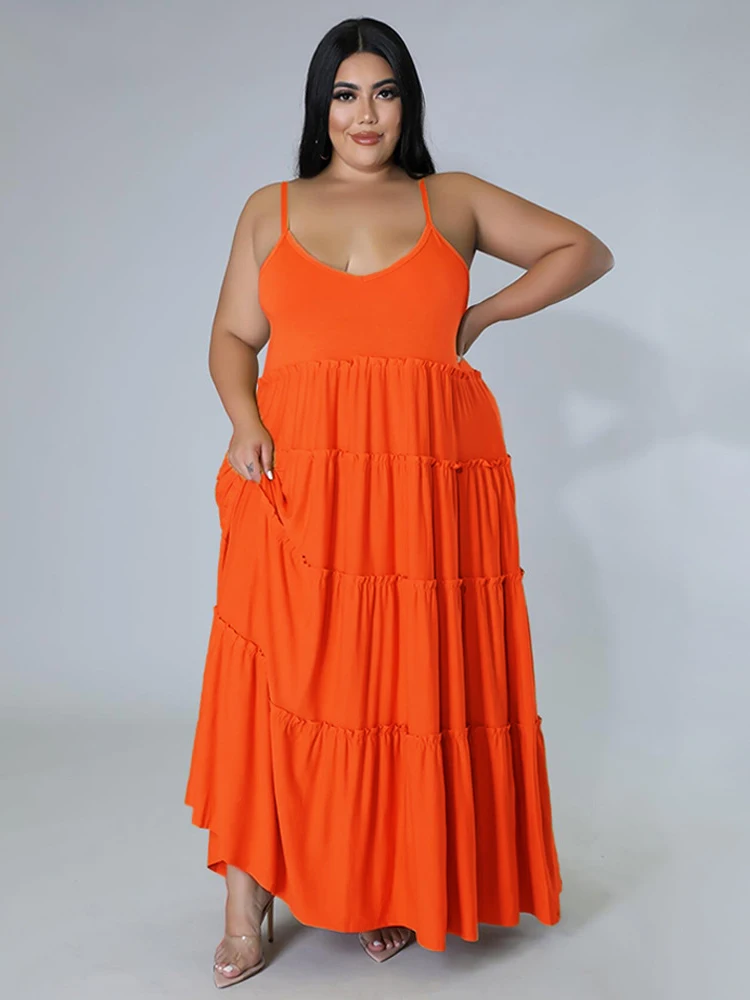 

ZJFZML ZZ Plus Size Dresses Women 2022 Wholesale Summer Cascading Ruffle Spaghetti Strap Backless Maxi Dress Dropshipping Y2k