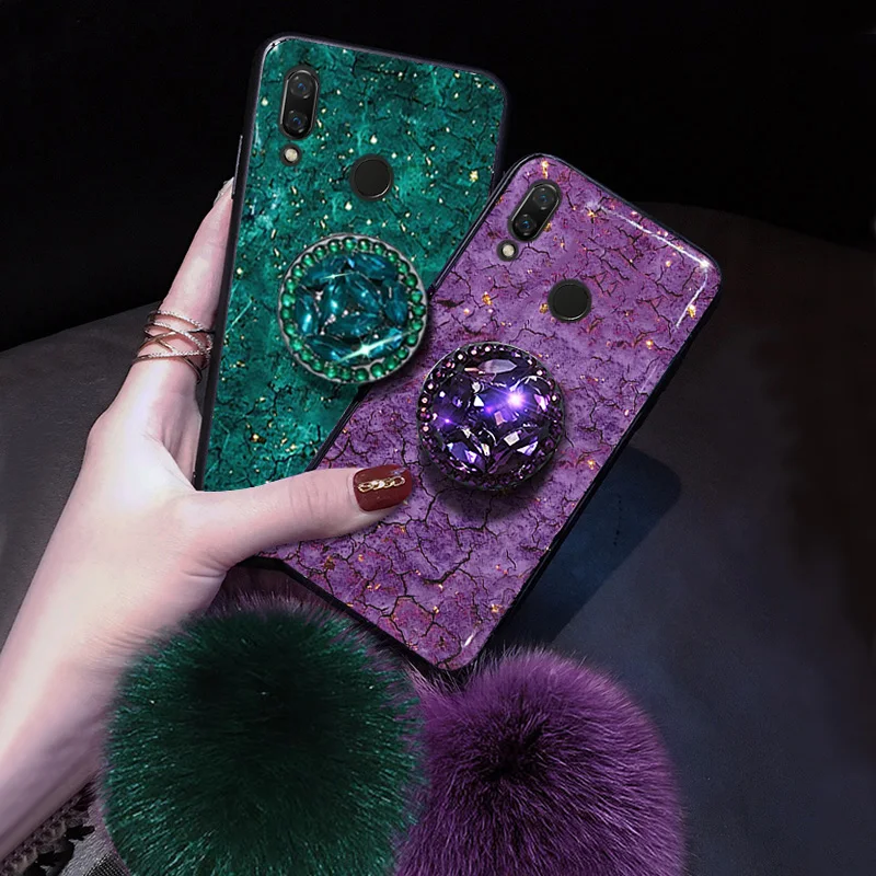 Luxury Marble Glitter Hairball Case For Huawei Y9 Prime 2019 Y6 Y7 2018 2019 P20 Pro P30 Lite P40 Lite P30 Pro Cute Bling Cover