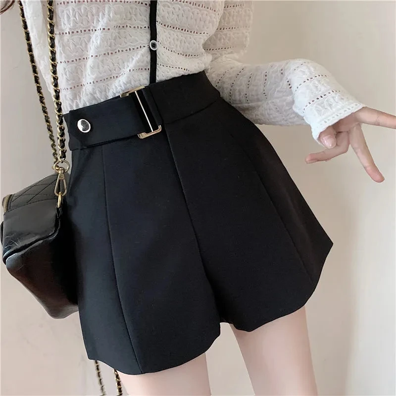 Office Design Baggy High Waist A-line Suit Shorts Women's Casual Korean Stylish Classic Black Wide Leg Short Pants For Female