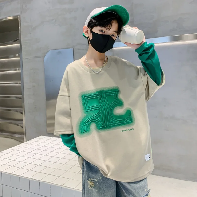 Хлопковая свободная контрастная лоскутная толстовка для тренировок мальчиков