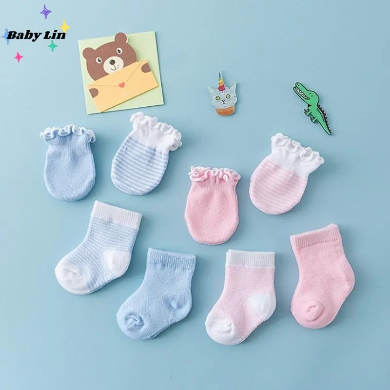

2023 New 4 Pairs Children Kids Baby Newborn Socks Gloves Anti-scratch Breathable Elasticity Protection Face Mittens Shower Gift