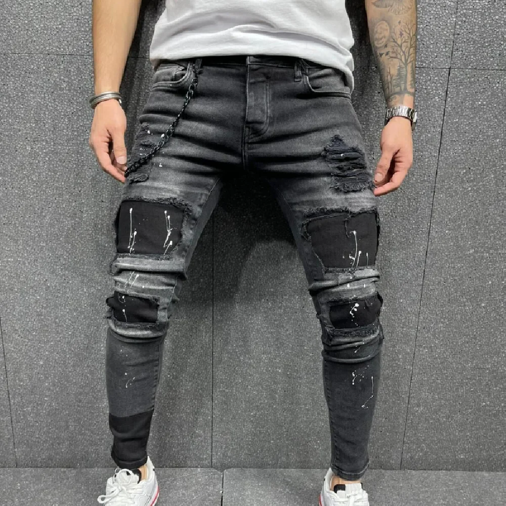 

Men's jeans stretch slim pencil pants motorcycle jeans ripped solid color jeans scratched high quality jeans