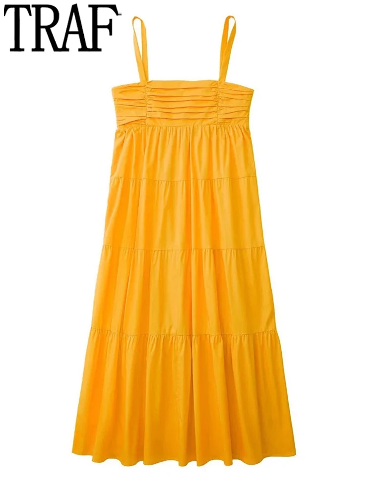 

TRAF Ruffle Slip Long Dress Women Orange Midi Female Dress Ruched Panelled Summer Dresses Woman 2022 Sleeveless Casual Dresses