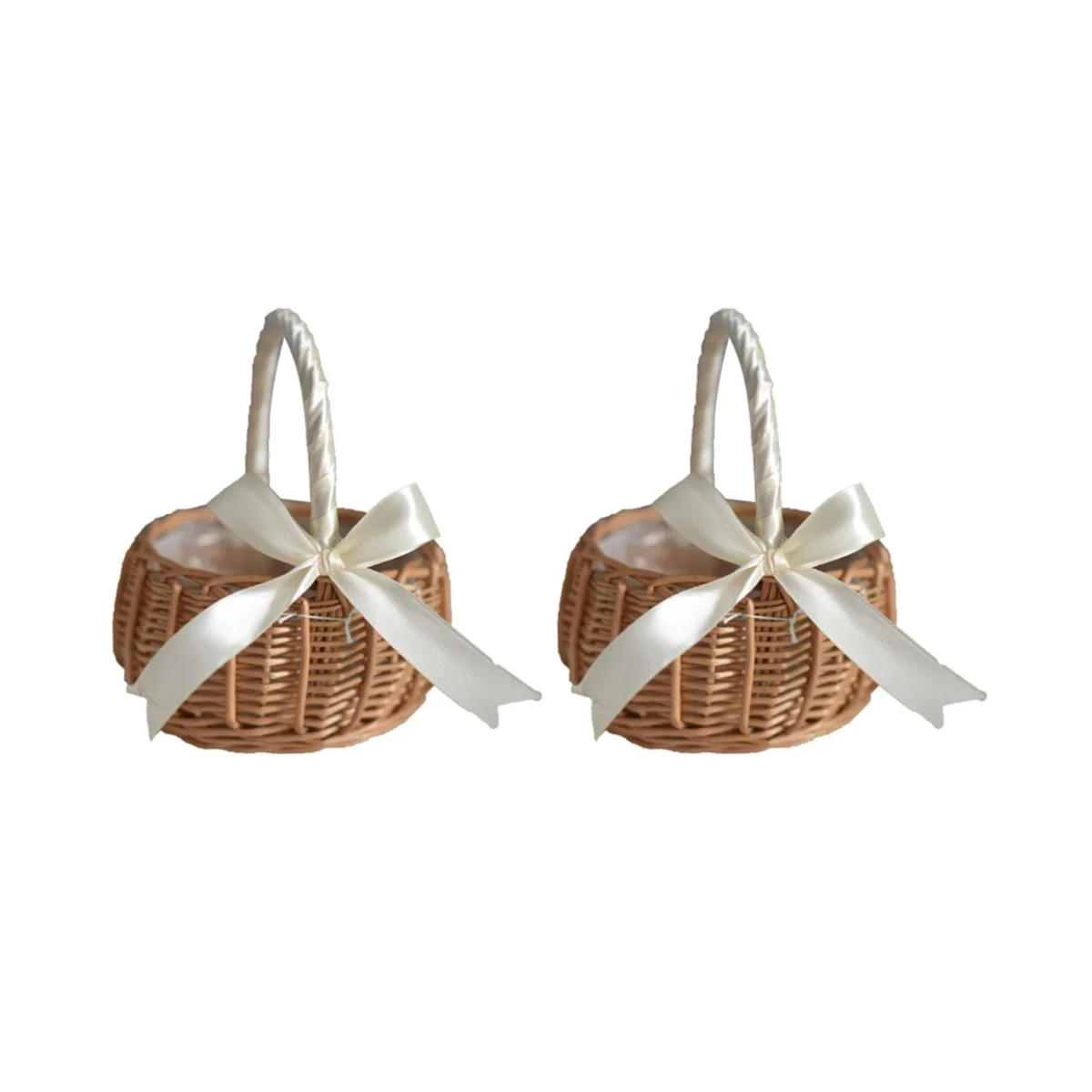 

2Pcs Woven Rattan Storage Basket Flower Girl Hand Basket Handmade with Bow,