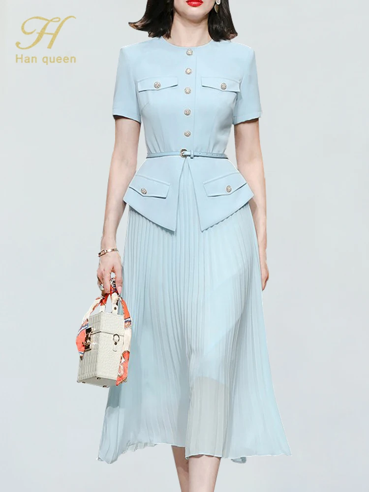 

H Han Queen New Summer Fashion Button Pleated Vestidos Vintage Dress Fashion Elegant A-line Simple Women Evening Party Dresses
