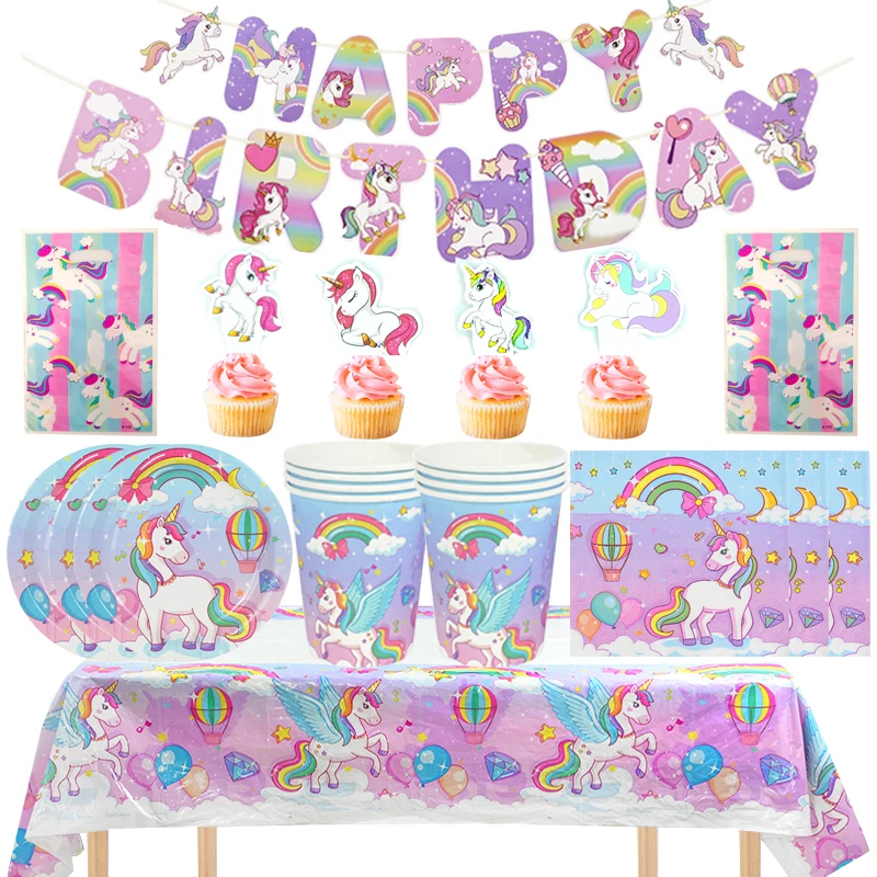 

Birthday Party Unicorn Theme Decorations Tableware Cup Plate Napkin Tablecloth Letter Banner Gift bag Cake Toppers 90pcs/lot