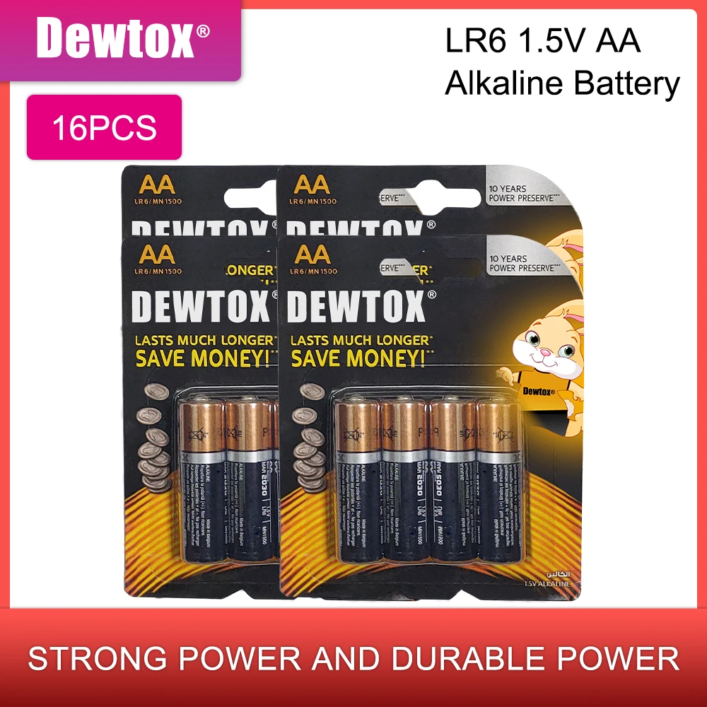 

16 шт. оригинальная щелочная батарея DEWTOX 1,5 в AA LR6 для игрушек, камеры, пульта дистанционного управления, серии lectronic и т. д.