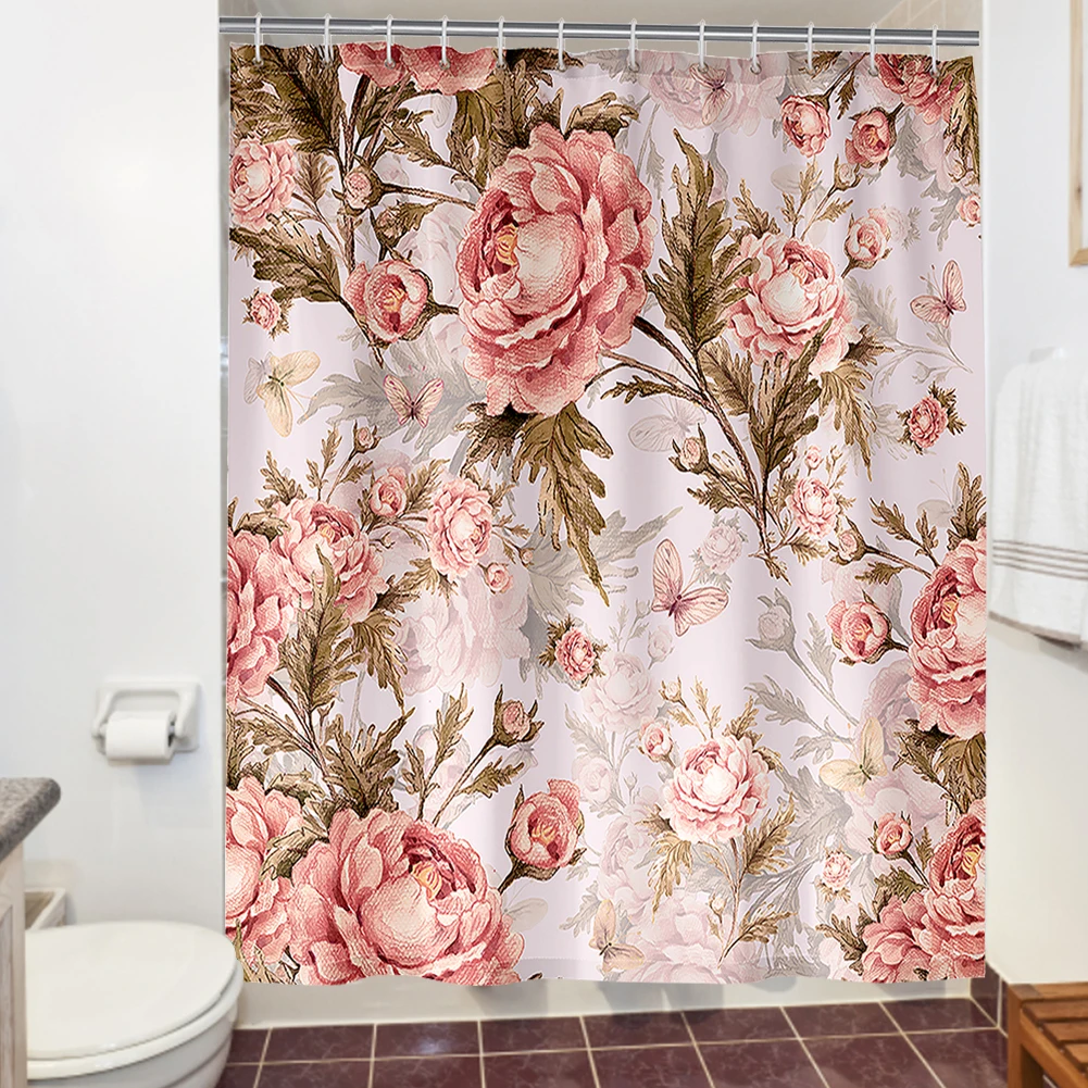 

Занавеска для душа с принтом розовых цветов, водонепроницаемый комплект с крючком против плесени, декор для ванной комнаты, бытовые принадл...