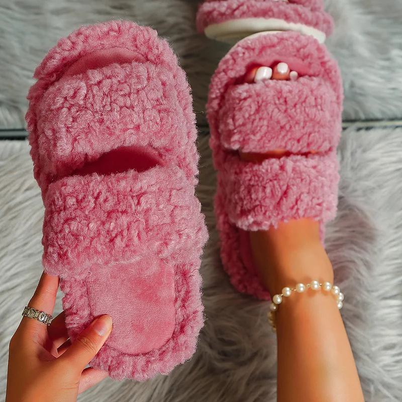

Winter Home Slippers Women Warm Fur Slippers Women Fuzzy Soft Cozy Indoor House Cotton Shoes Green Pink Khaki 2023 New Korean