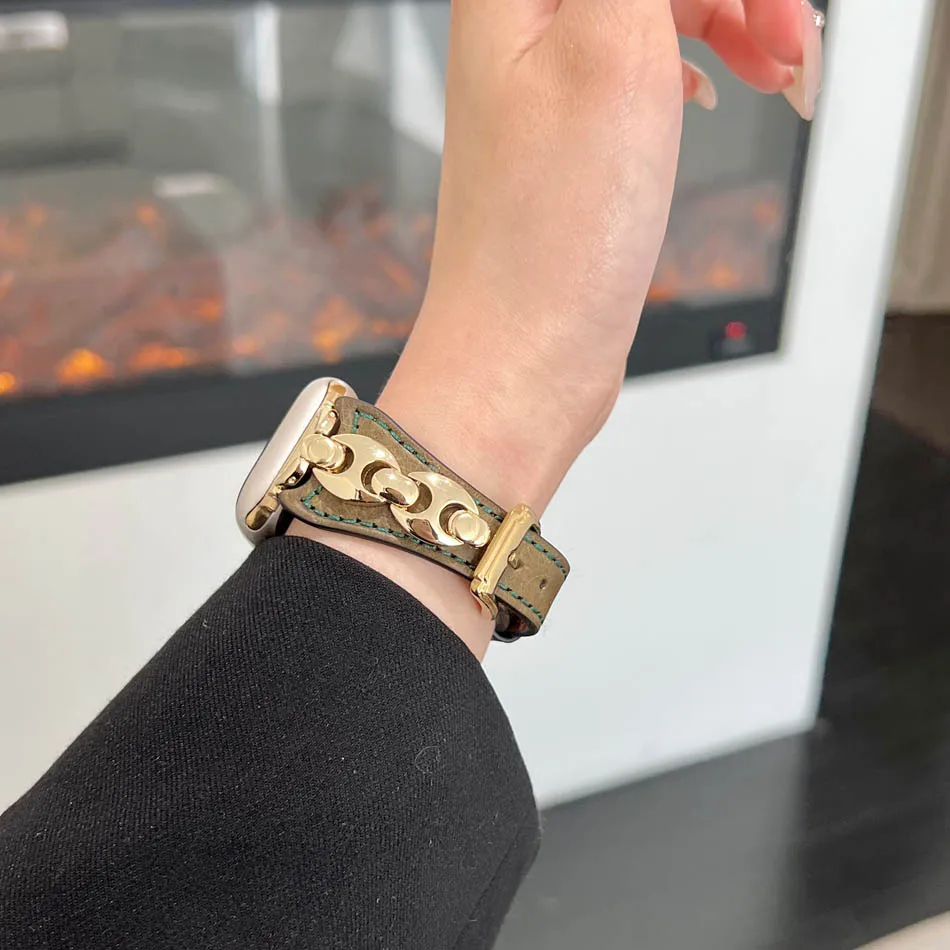 Фото D-образный металлический ремешок с кольцом для Apple Watch Series 11, 10, 9, 8, 7, 6, SE 5 4, UItra iWatch 49/46/45/44/42/41/40/38 мм, роскошный кожаный ремешок №2