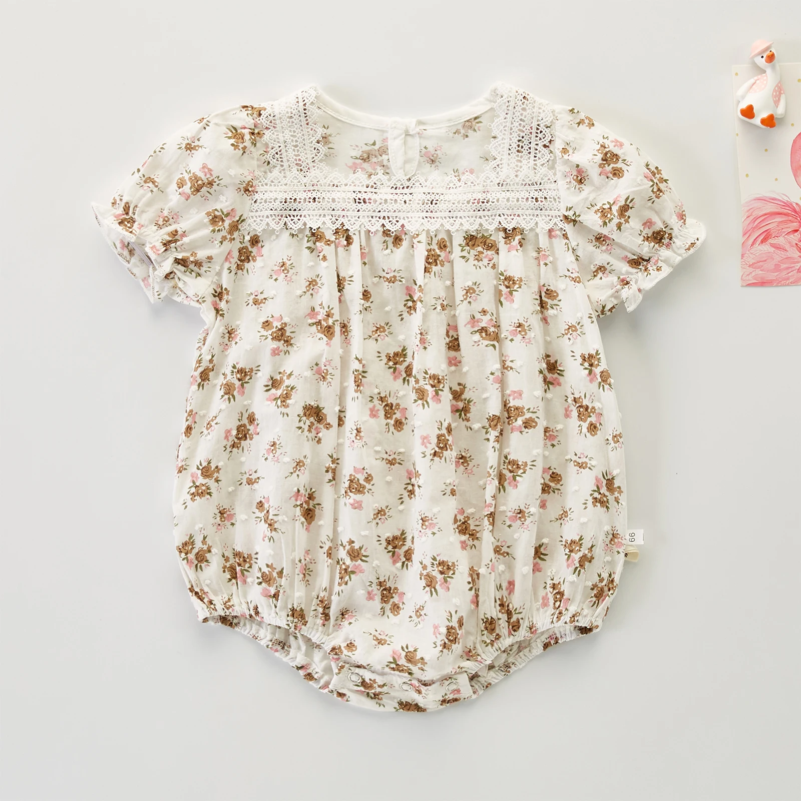 

Baby Girls Summer Bodysuit Romper Floral Lace Short Sleeve Square Neck Infant/Toddler Snap Triangle-Bottom Jumpsuit