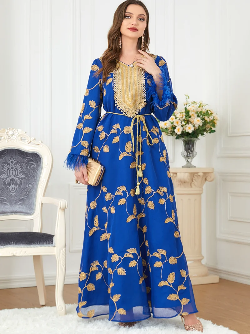 Ramadan Abaya Appliques Lace Tape V-Neck Islamic Dresses Guipure Lace Insert Belted Kaftan Feathers Sleeves Gorgeous Party Style