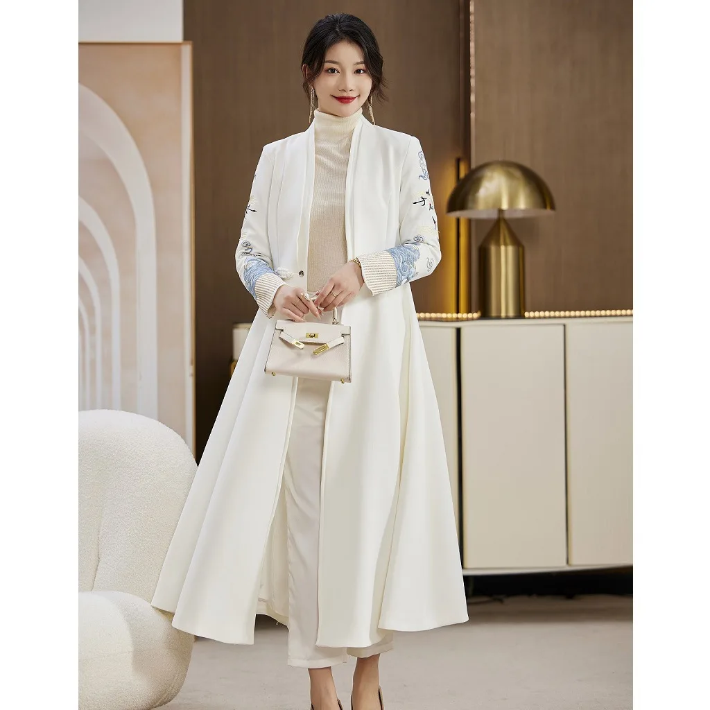 Женский Длинный Тренч в китайском стиле Элегантное длинное пальто с V-образным